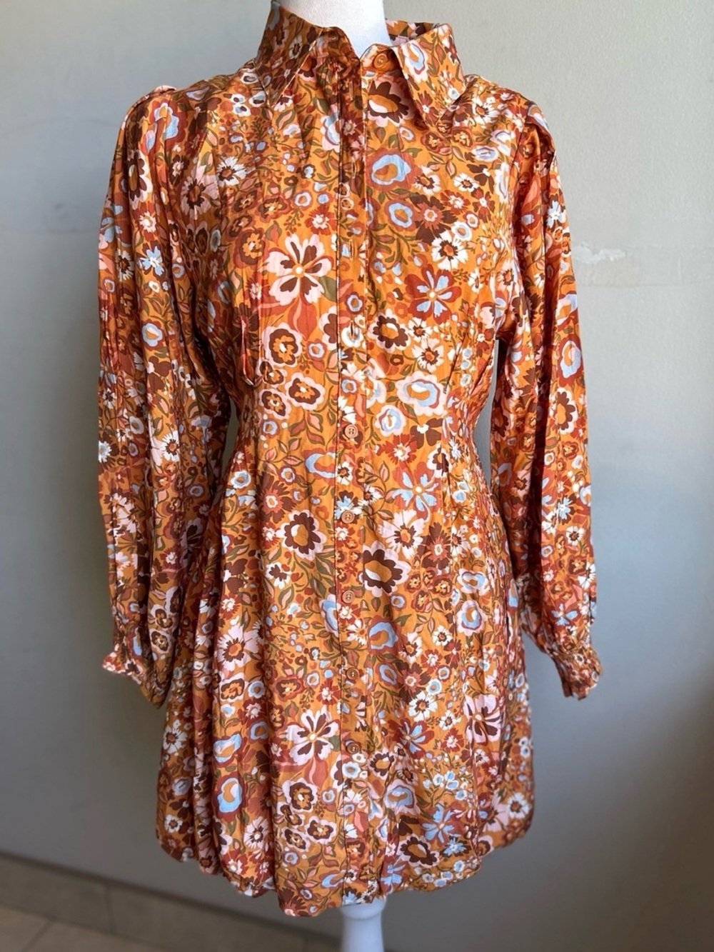 Merci 70s Retro Floral Button Front Shirt Dress Boho Prairie Cottagecore Size L